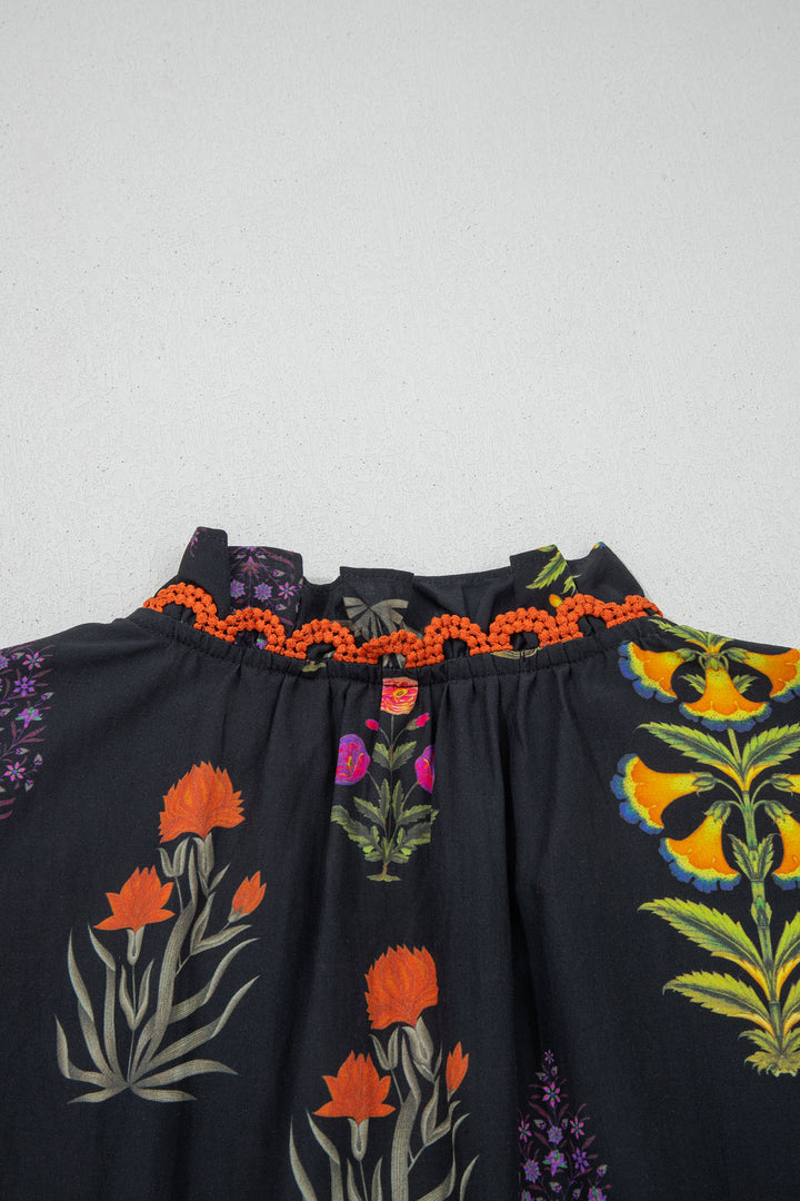 Floral Print Lace Trim Frilled V Neck Short Sleeve Shirt