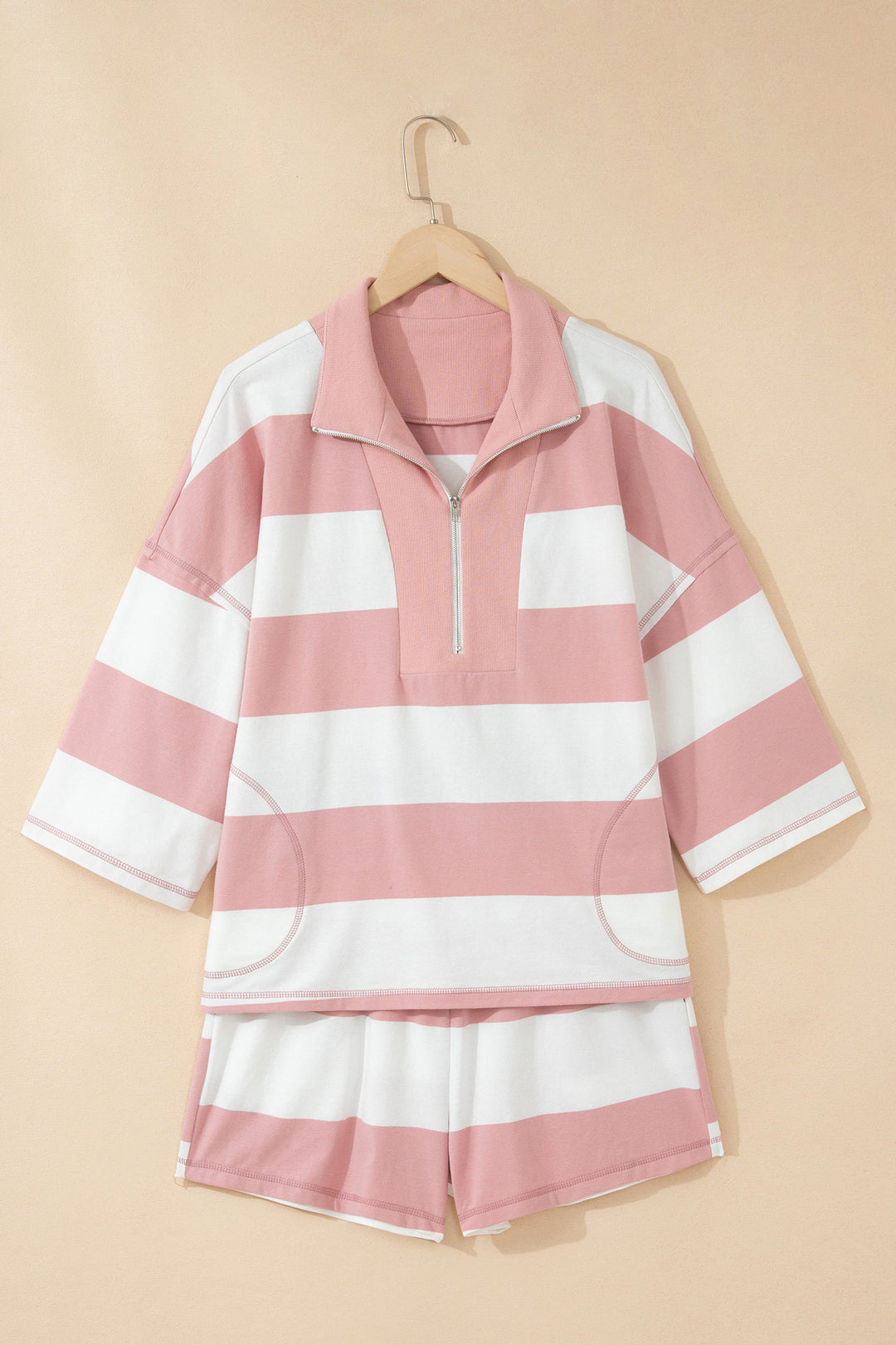 Pink Stripe Half Zip Bracelet Sleeve Top Casual Short Set