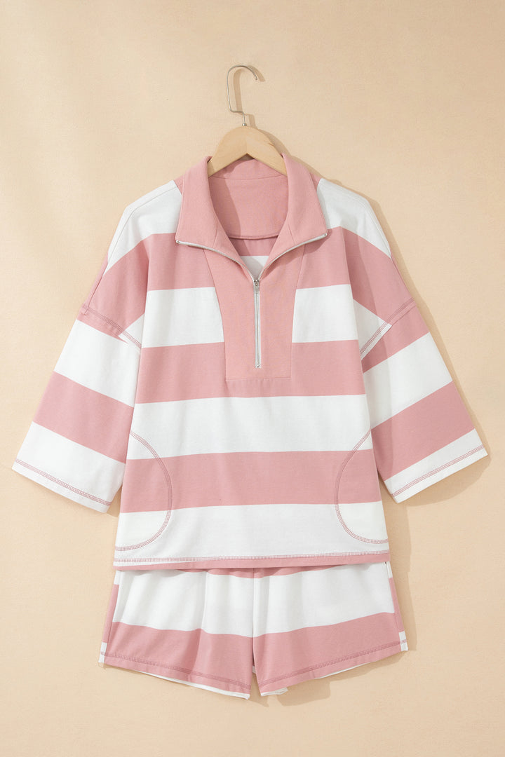Pink Stripe Half Zip Bracelet Sleeve Top Casual Short Set