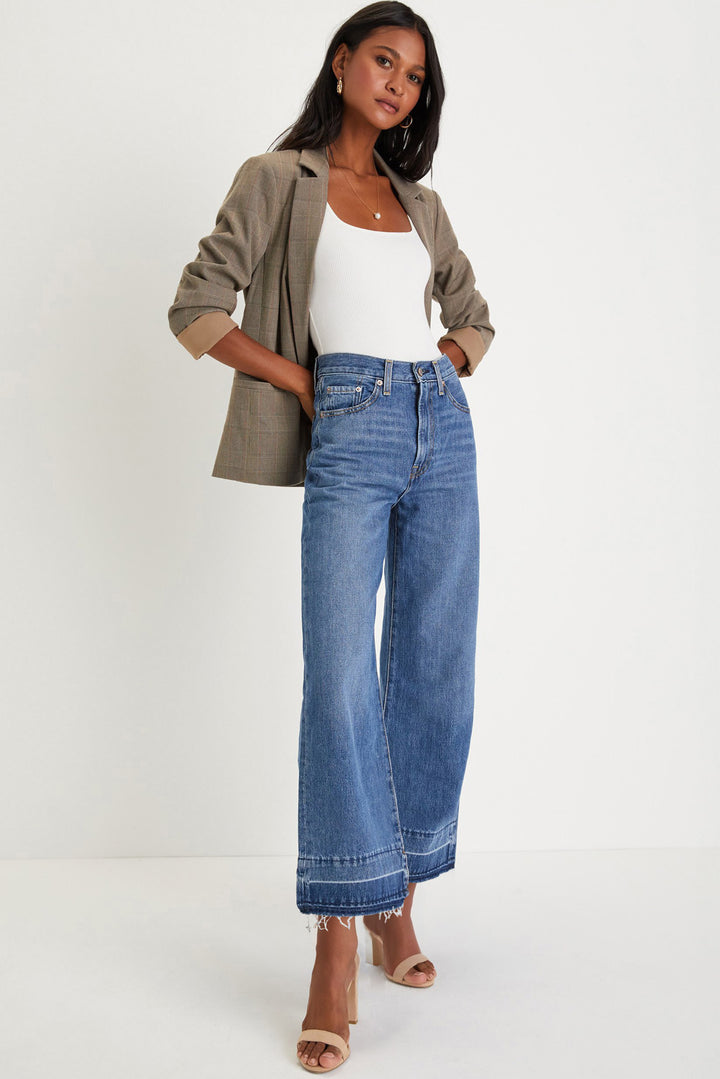 Sail Blue Raw Hem Straight Leg Loose High Waist Jeans