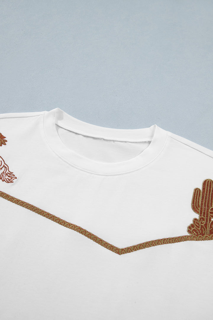 White Western Fashion Embroidered Casual Tee