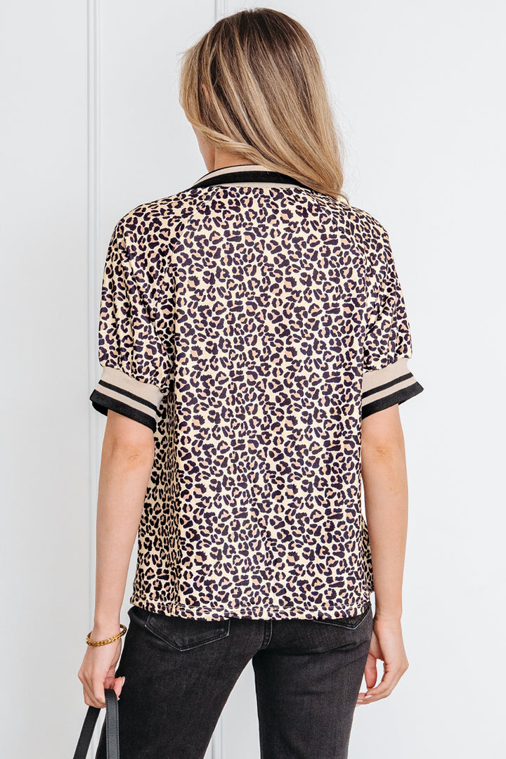 Leopard Print Half Zip Striped Trim Patchwork Short Sleeve Top