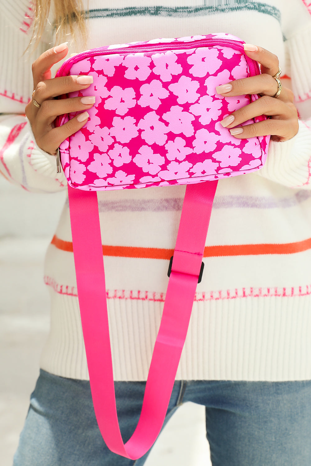 Flower Print Wide Belt Buckle Zipper Crossbody Bag