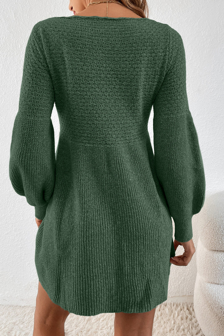 Green Solid Lantern Sleeve Empire Waist Short Sweater Dress