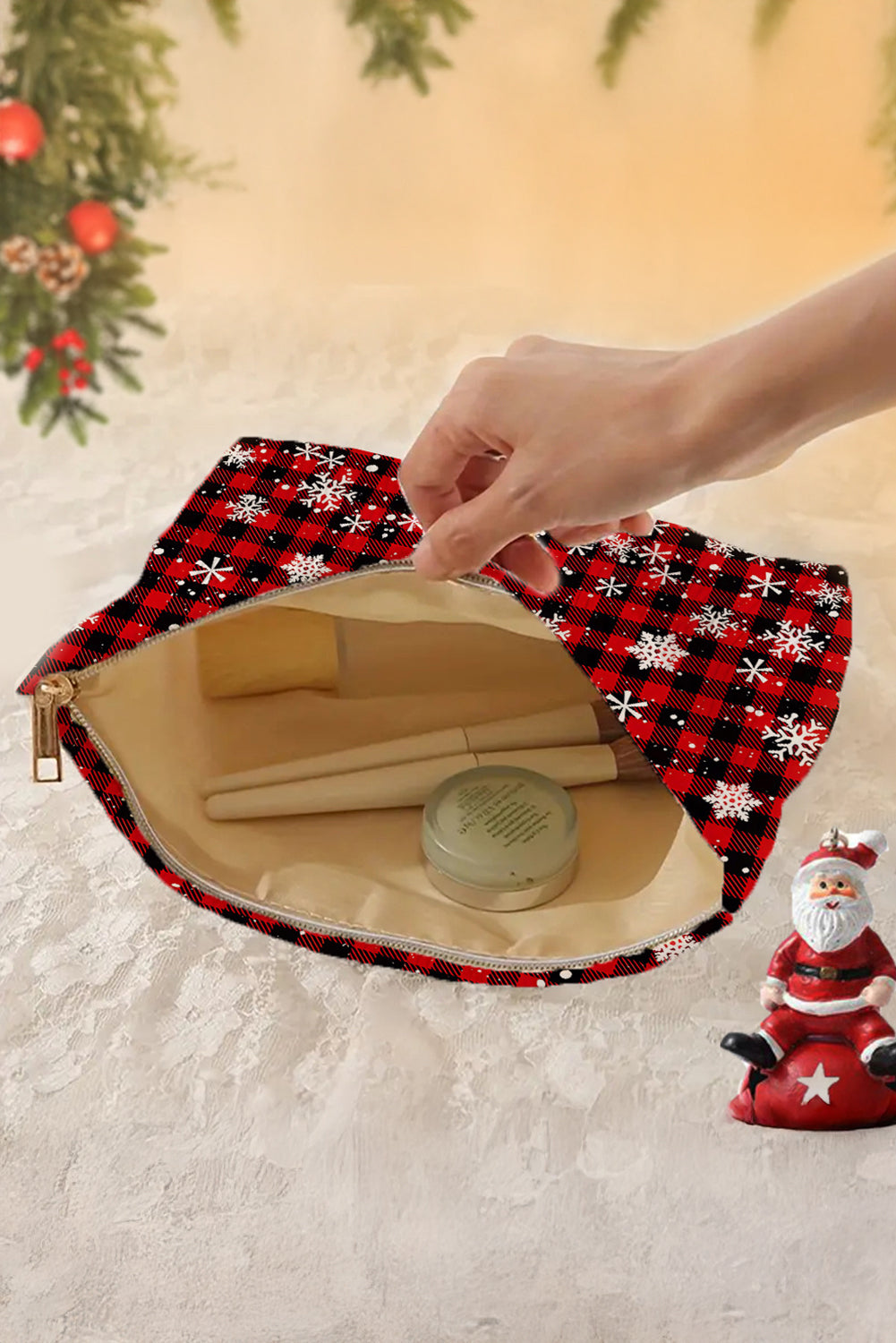 Plaid Christmas Snowflake Print Cosmetic Bag