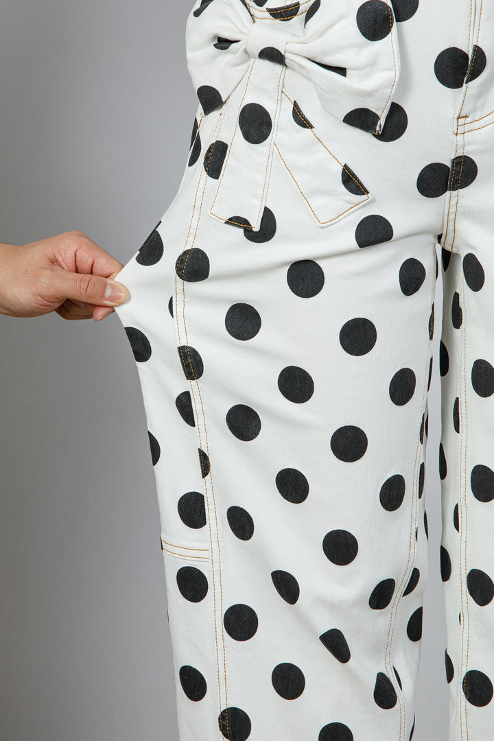 White Polka Dot Print Bow Detail Pocketed Barrel Jeans