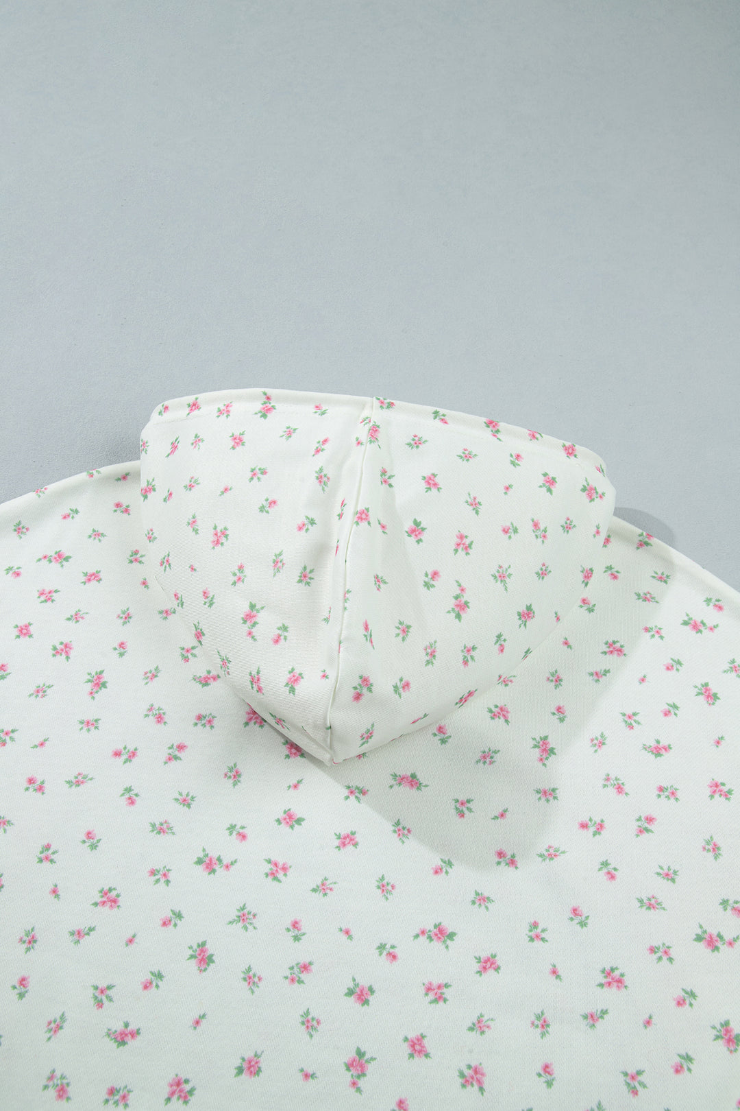 White Floral Print Ribbing Drawstring Hem Long Sleeve Hoodie