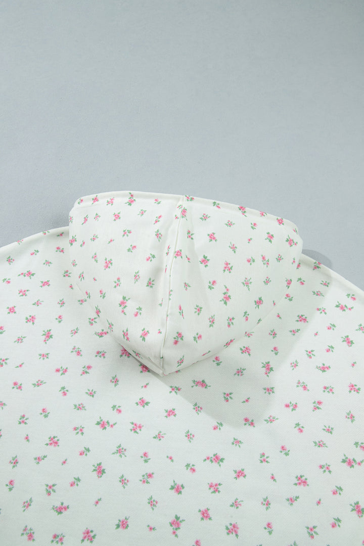 White Floral Print Ribbing Drawstring Hem Long Sleeve Hoodie
