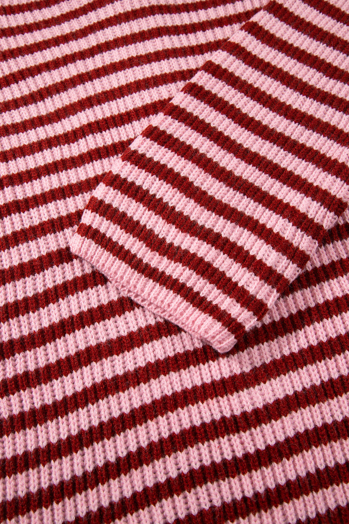 Red Stripe Striped High Neck Zip-up Sweater Long Sleeve Casual Fit Drop Shoulder Open Front Cardigan