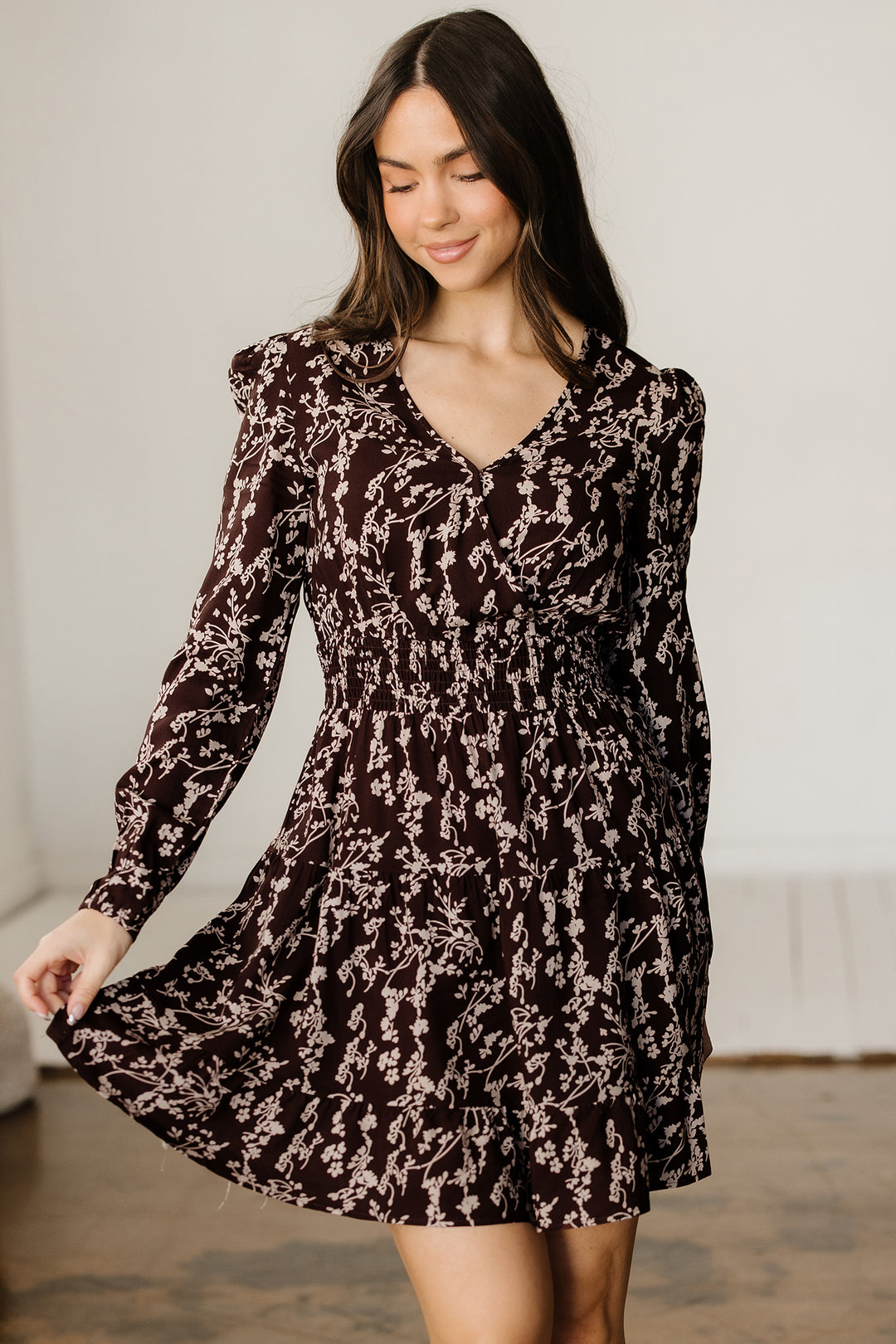 Ditsy Floral Print Split Neck Long Sleeve Shirred Waist Flared Mini Dress