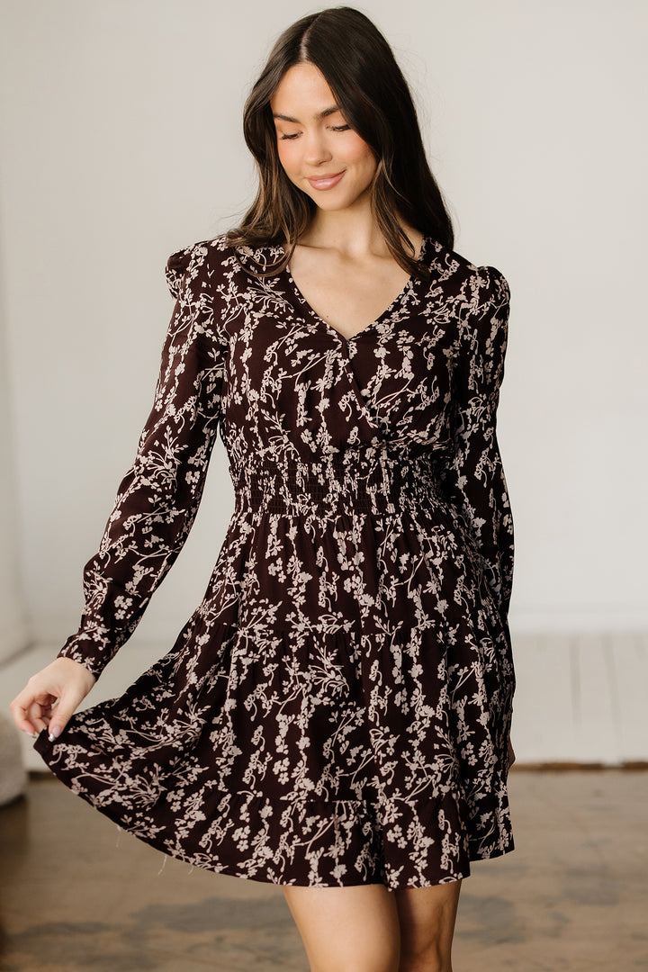 Ditsy Floral Print Split Neck Long Sleeve Shirred Waist Flared Mini Dress