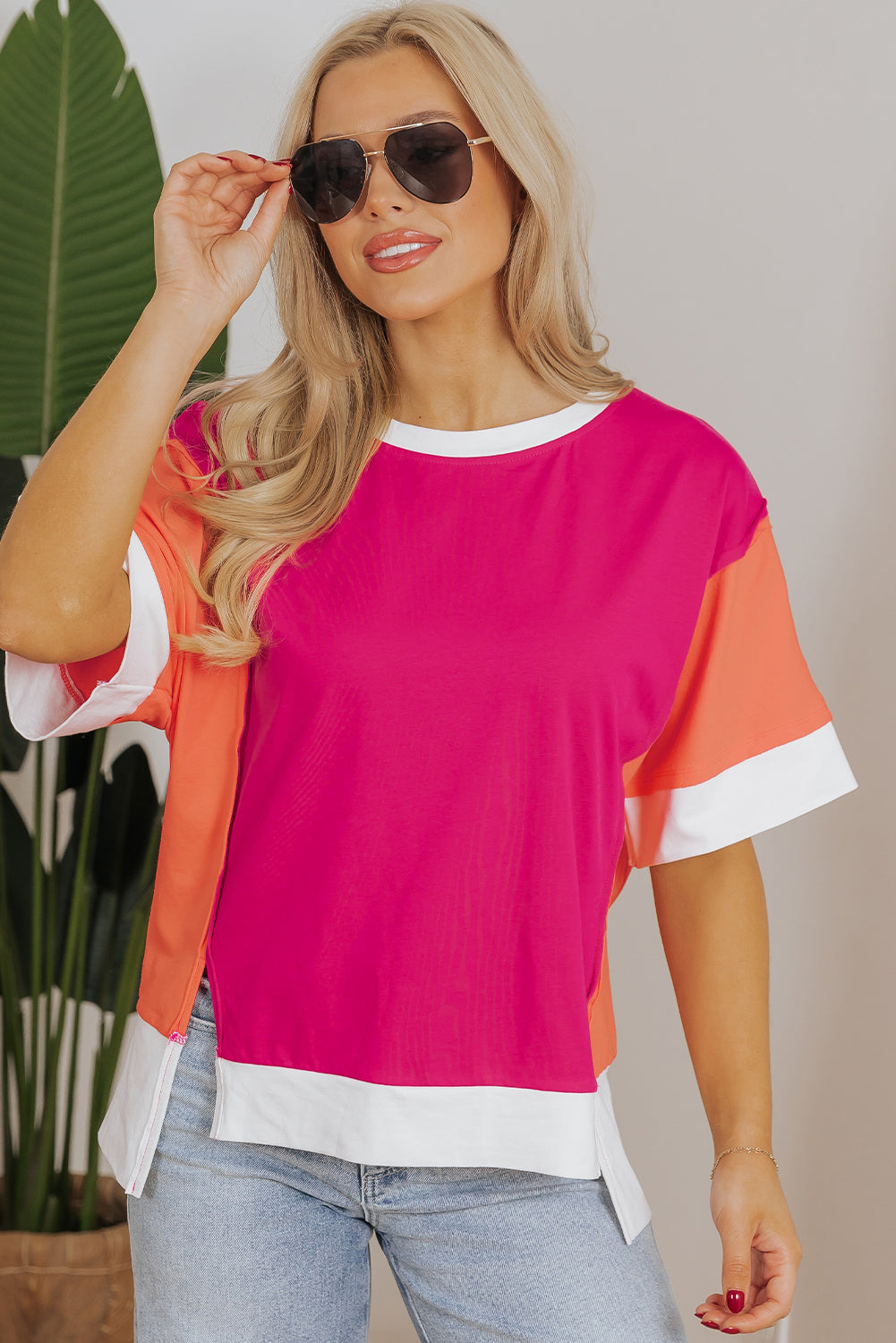 Color Block Patchwork Side Slits Loose Fit T Shirt