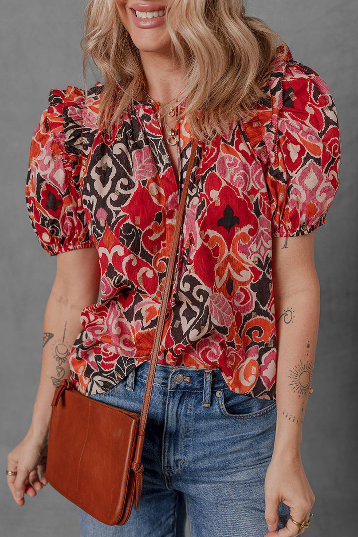 ethnic print split neck short puff sleeve blouse