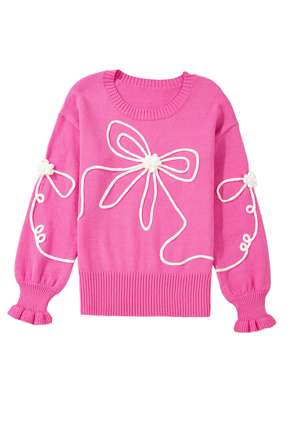 Corded Flower Bow Ribbed Trim Casual Sweater