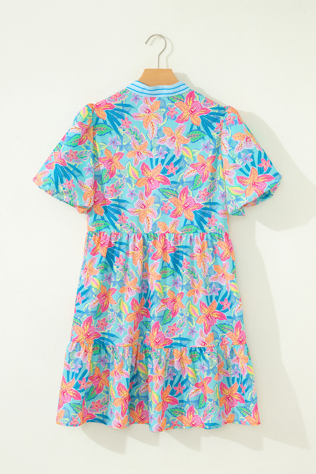 Multicolour Floral Print Contrast Scallop Striped Trim V Neck Dress