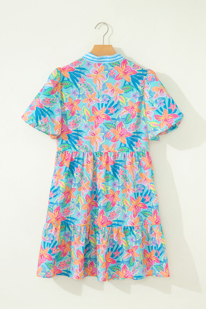 Multicolour Floral Print Contrast Scallop Striped Trim V Neck Dress