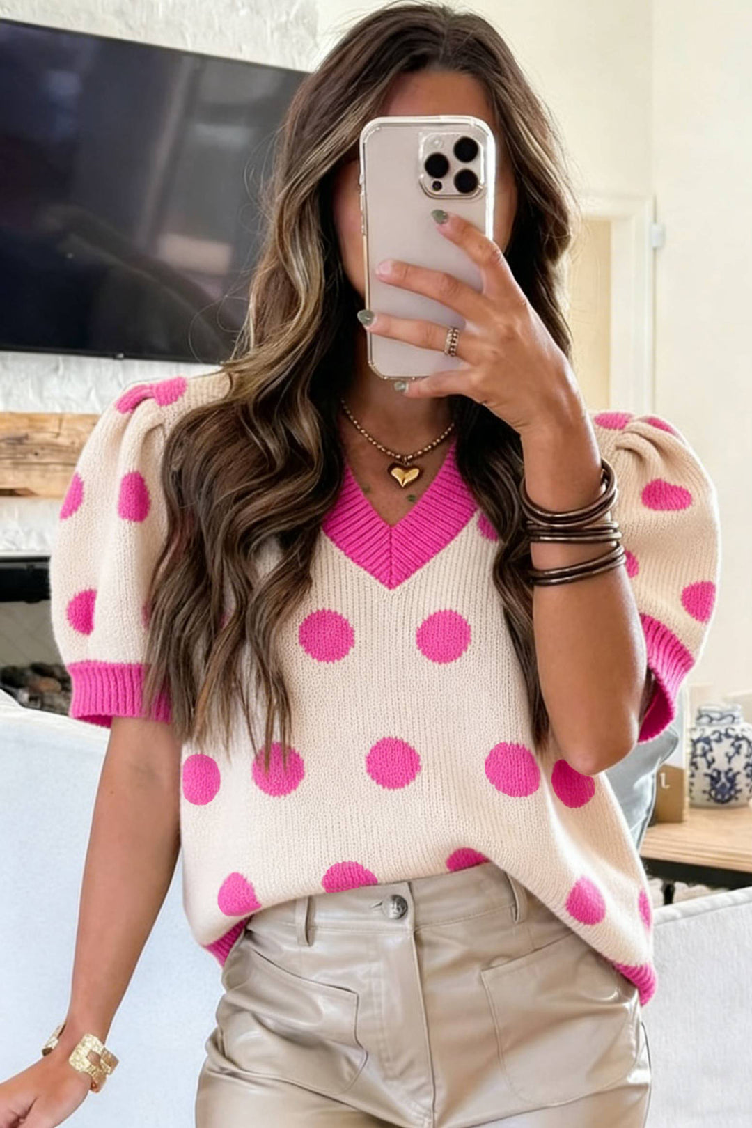 Pink Polka Dot Puff Short Sleeve Sweater Top