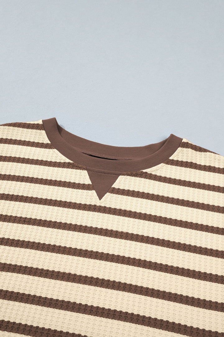 Brown Stripe Patchwork Ribbed Cuff Casual Pullover Sweatshirt