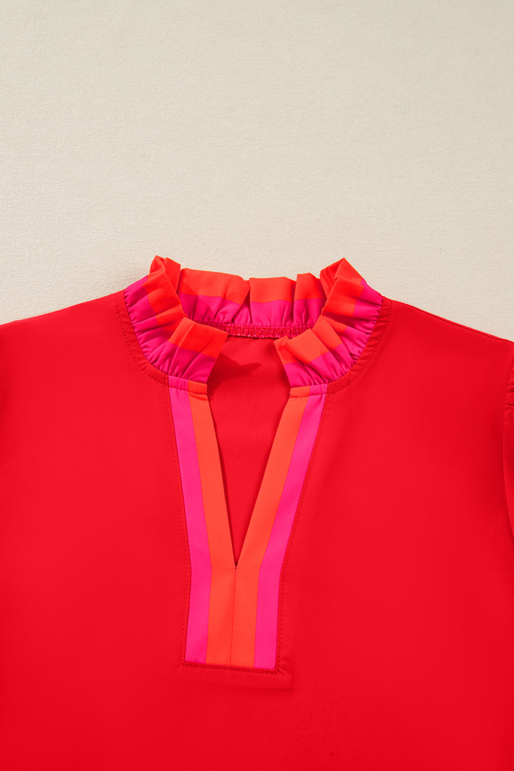 Striped Trim Ruffle Split Neck Long Sleeve Blouse