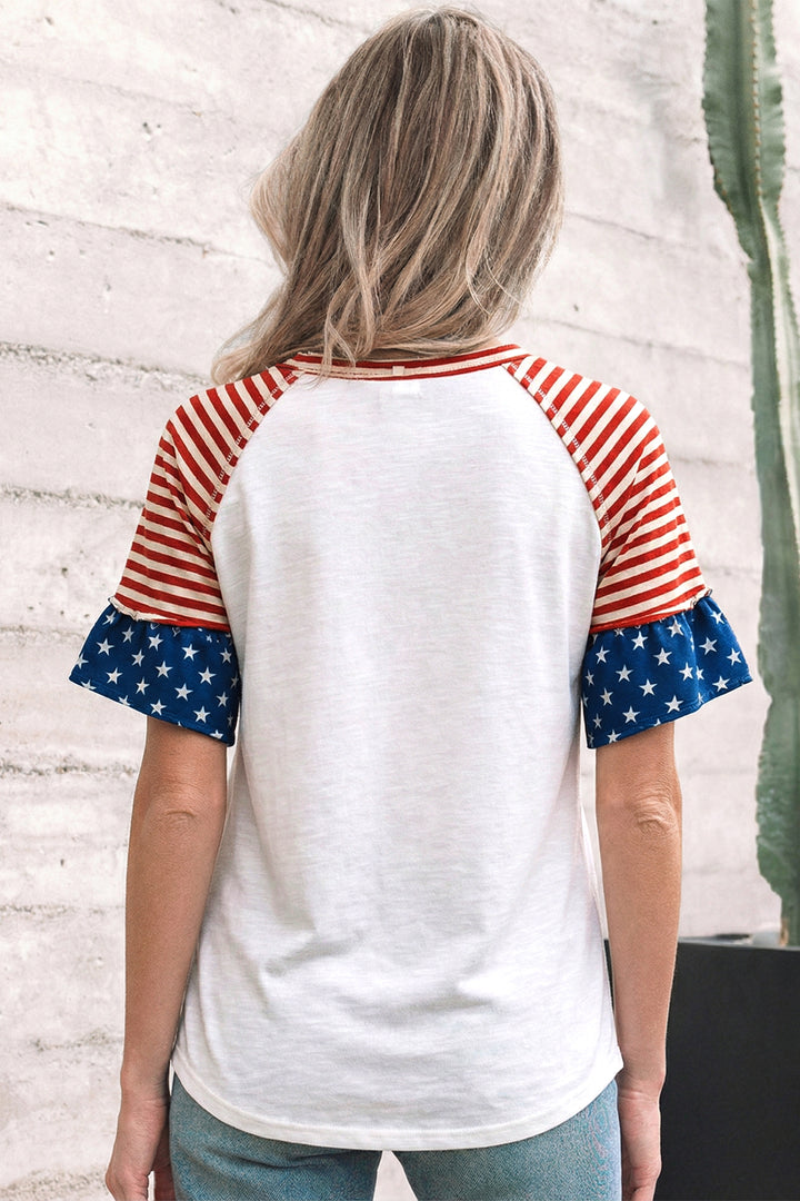 Fiery Red Star Detail Flag Inspired Short Sleeve Top