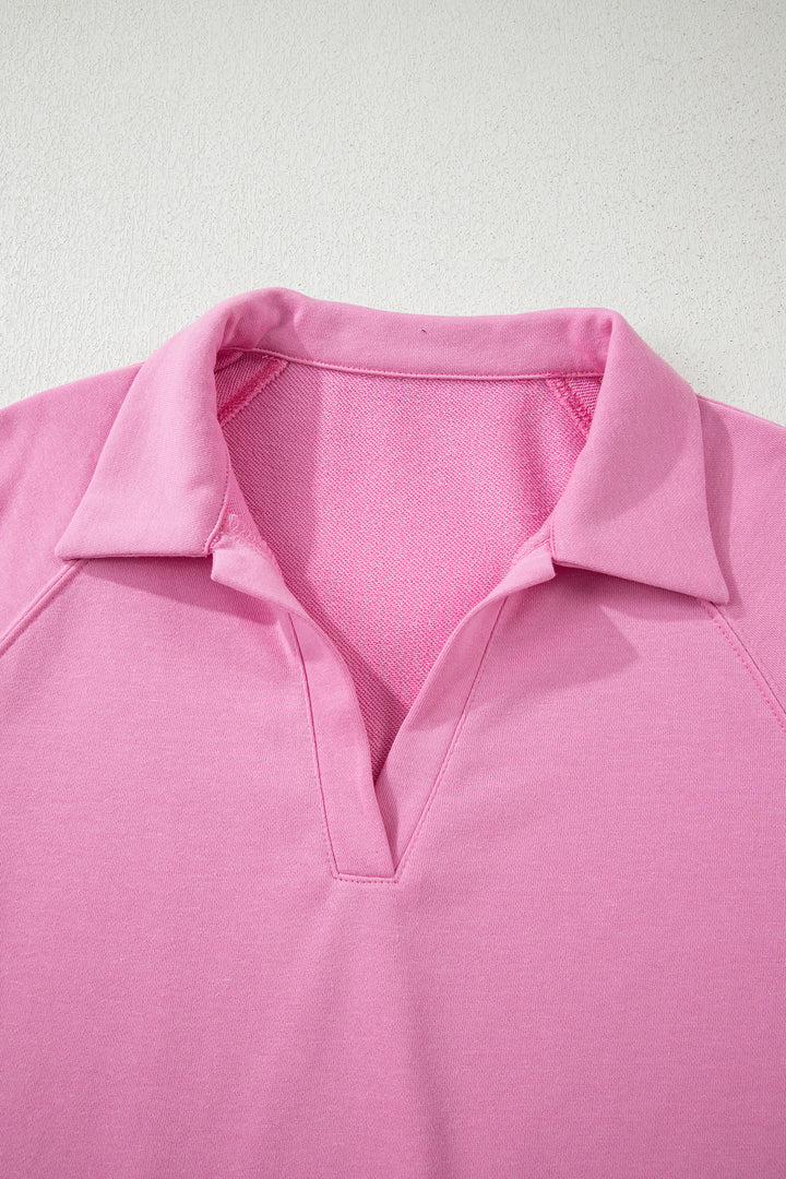 Bright Pink Polo Collar Pullover and Drawstring Sweatpants Set