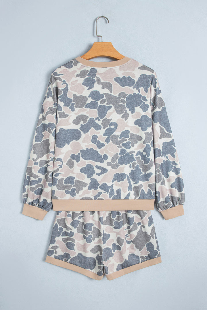 Multicolour Camouflage Patchwork Colorblock 2pcs Long Sleeve Top and Shorts Set