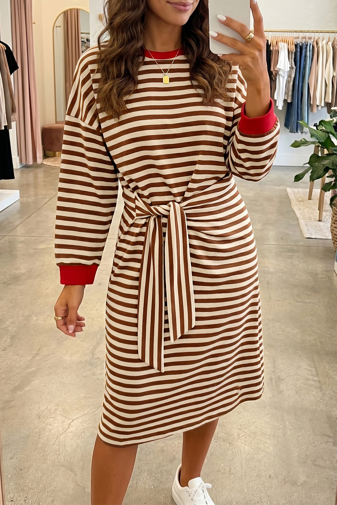 Brown Stripe Striped Colorblock Cuffs Cotton Shift Dress