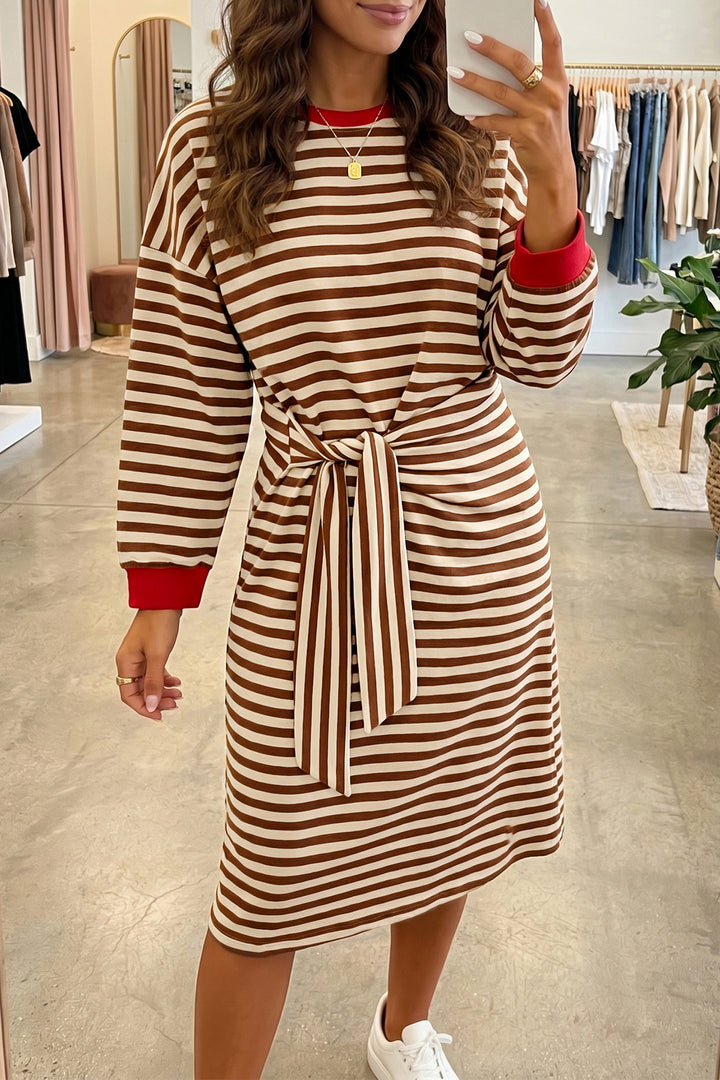 Brown Stripe Striped Colorblock Cuffs Cotton Shift Dress
