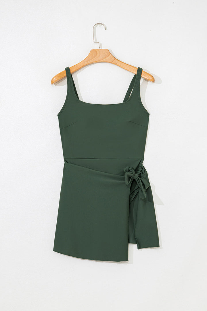 side tied waist square neck adjustable straps a line one piece swim dress