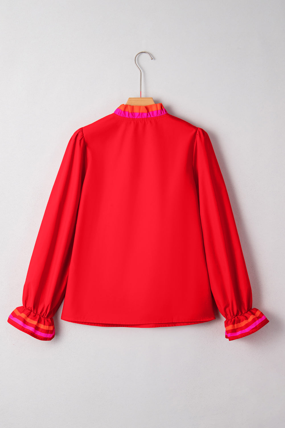 Striped Trim Ruffle Split Neck Long Sleeve Blouse