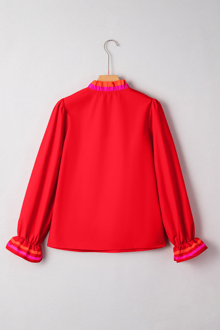 Striped Trim Ruffle Split Neck Long Sleeve Blouse