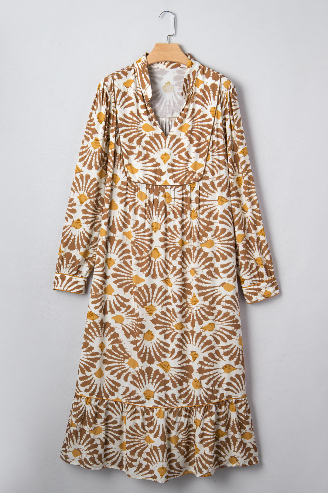 Khaki Abstract Plant Print Loose Plus Size Long Dress