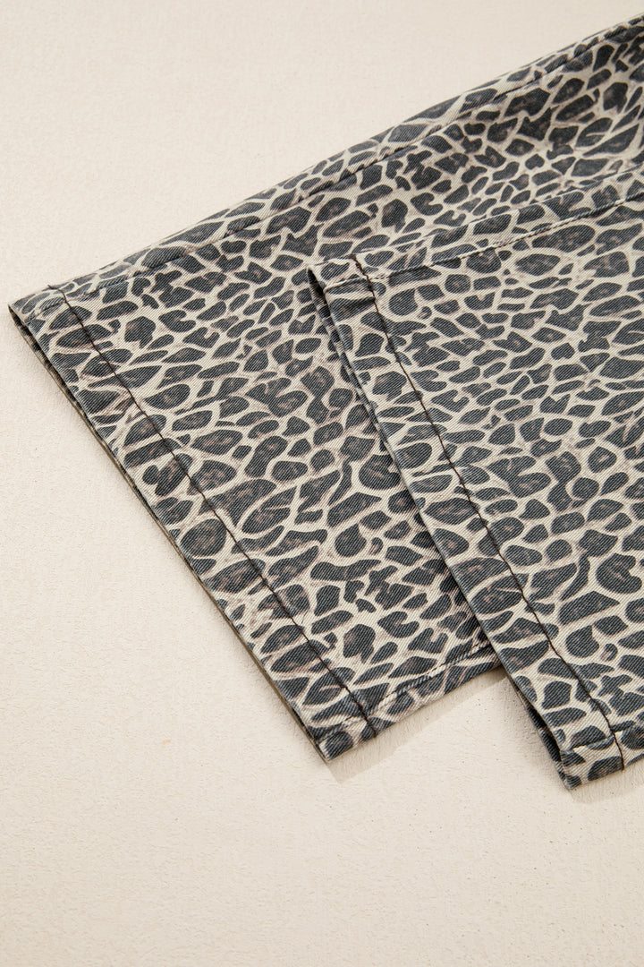 Brown  Leopard Print Straight Leg Loose Denim Overall Jumpsuit