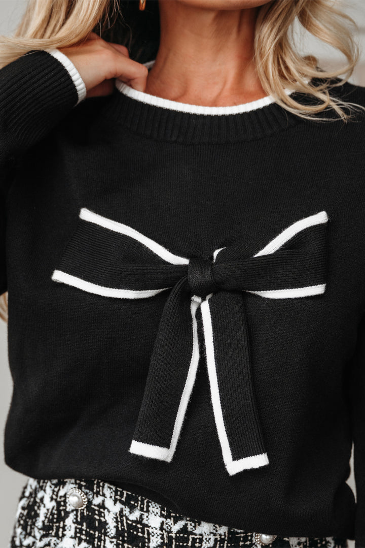 Contrast Trim Big Bow Accent Holiday Cropped Sweater