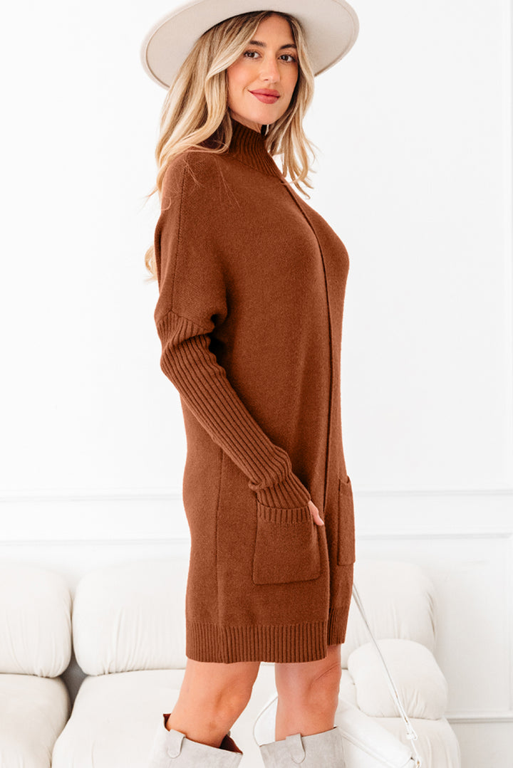 Ribbed High Neck Front Pockets Center Seam Shift Sweater Dress
