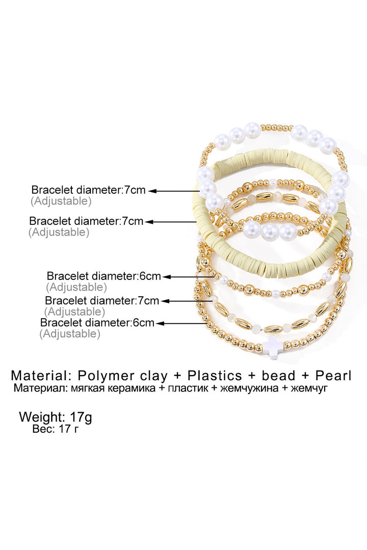 Plated Beading Pearl Detail 5pcs Elastic Bracelet Set