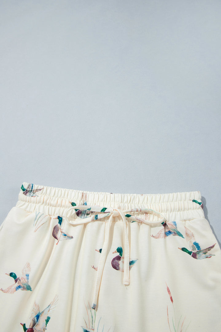 Beige Free Mallard Print Long Sleeve Top Drawstring Short Set