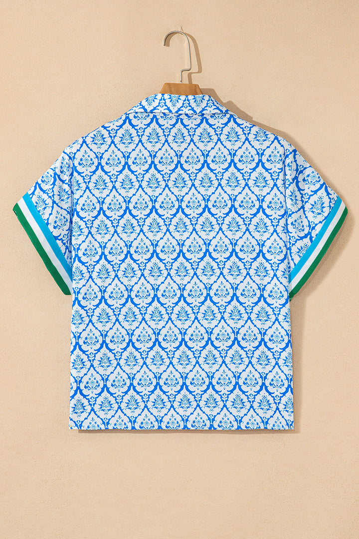 Sky Blue Western Print Zipped Collar Short Sleeve Summer Blouse Top