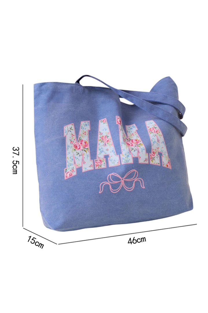 Floral MAMA Letter Bow Print Canvas Tote Bag