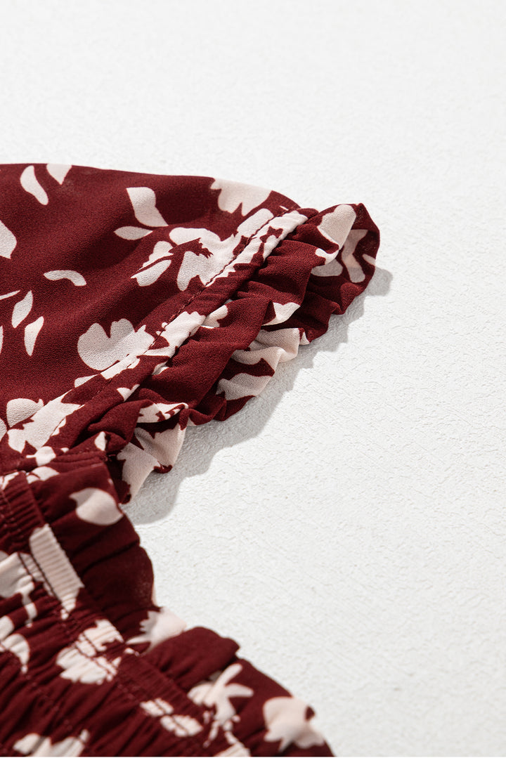 Red Floral Print Long Sleeve Square Neck Smocked Maxi Dress