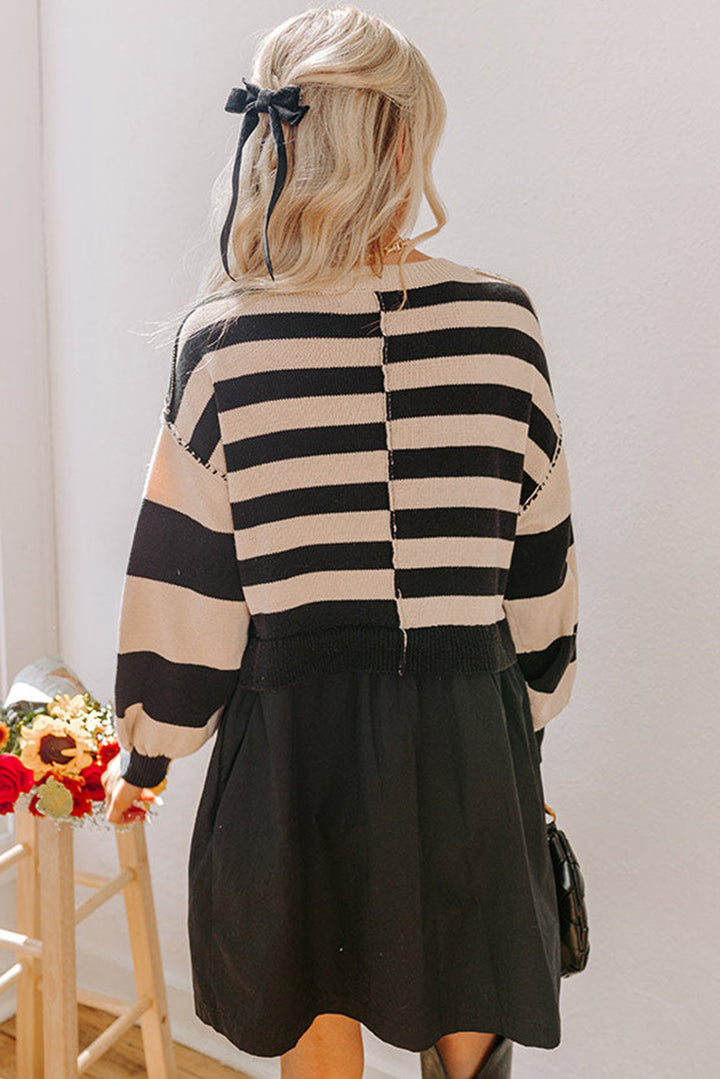 Black Stripe Two in One Knitted Top Splicing Hem Sweater Dress