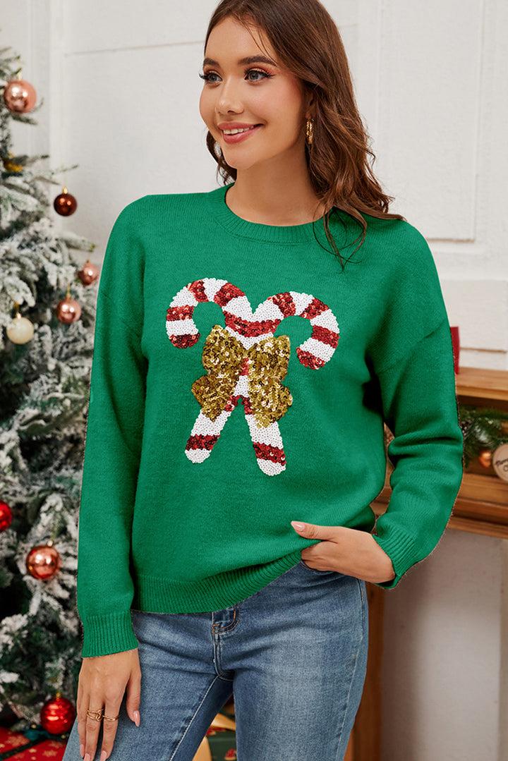 Dark Green Sequin Bow Candy Cane Graphic Christmas Sweater