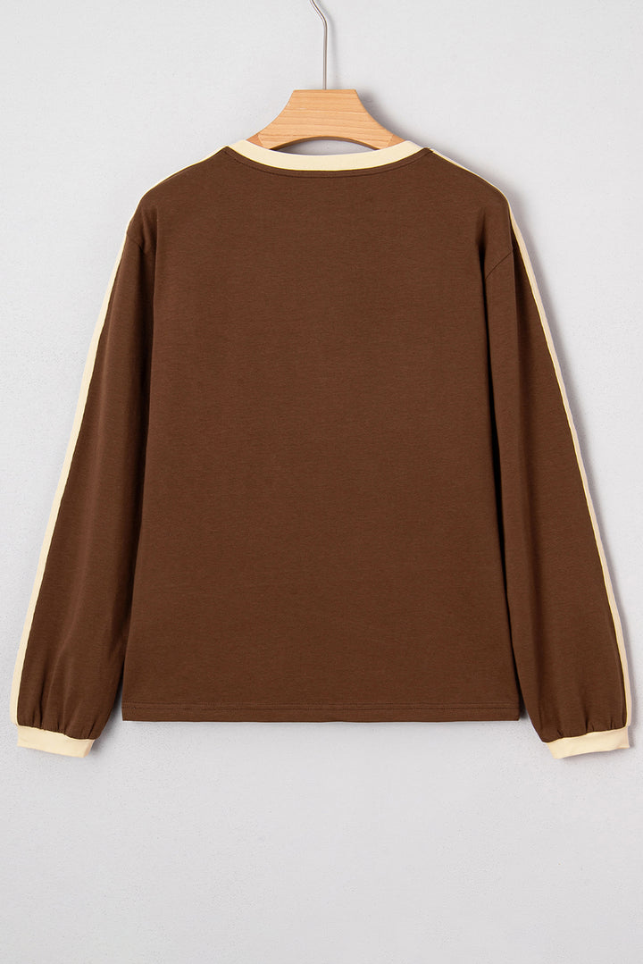 Varsity Striped Accent Contrast Crew Neck Long Sleeve T Shirt