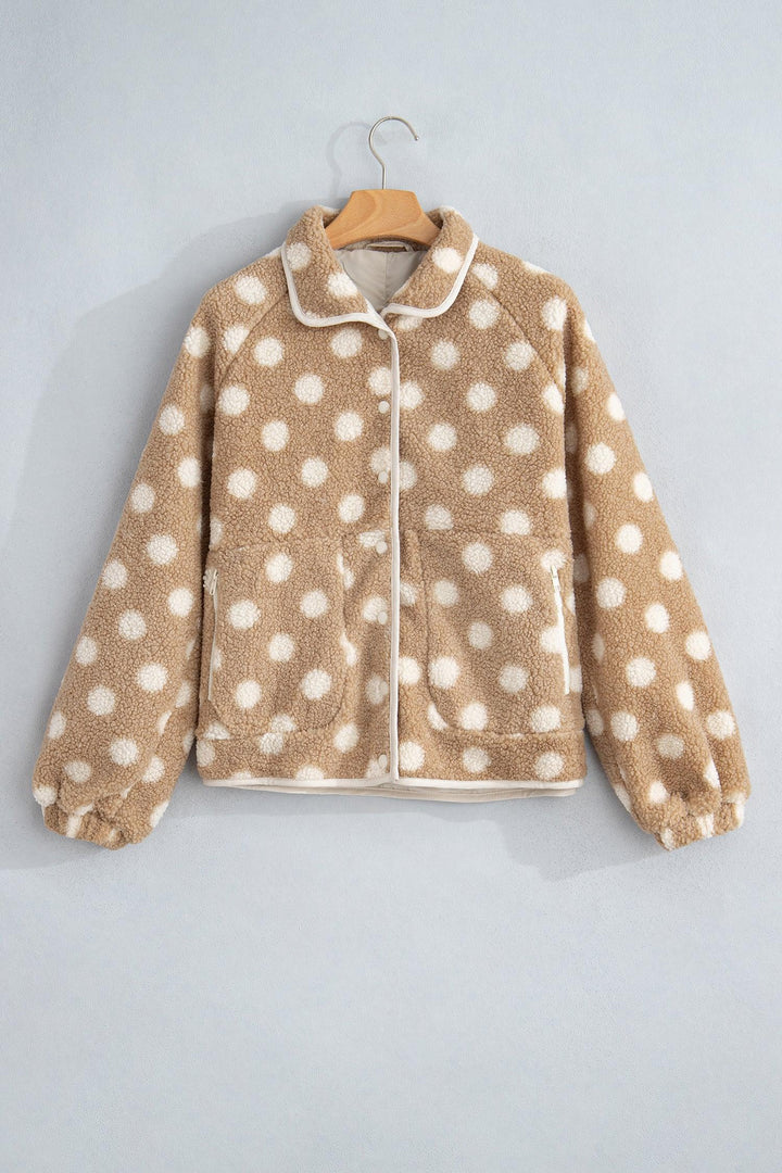Khaki Polka Dot Faux Fur Metal Button Placket Shift Silhouette Jacket