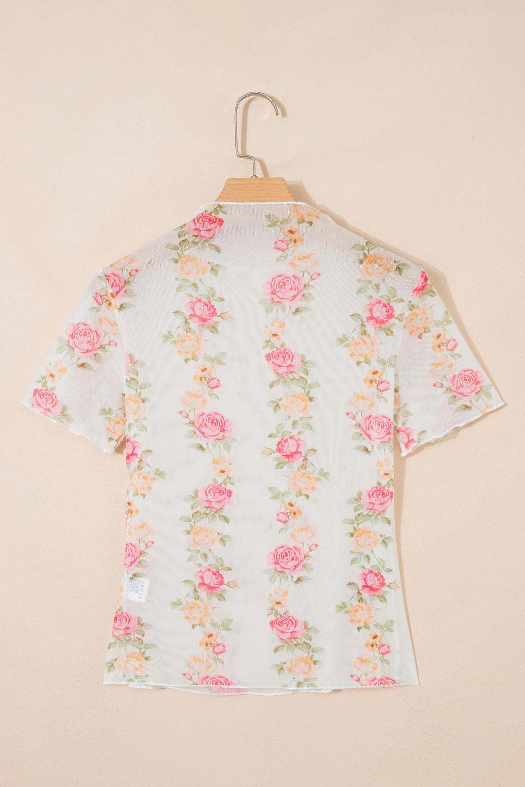 Beige Floral Print Mock Neck Short Sleeve Mesh Top