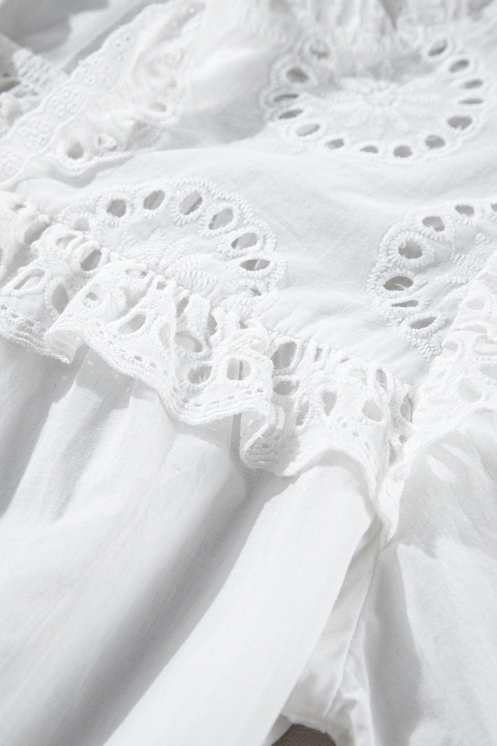 Embroidered Lace Patchwork Tie Neck Puff Short Sleeve Blouse