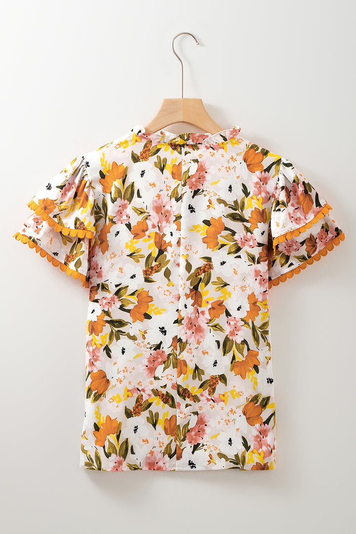 Ruffled V Neck Scalloped Short Sleeve Floral Blouse