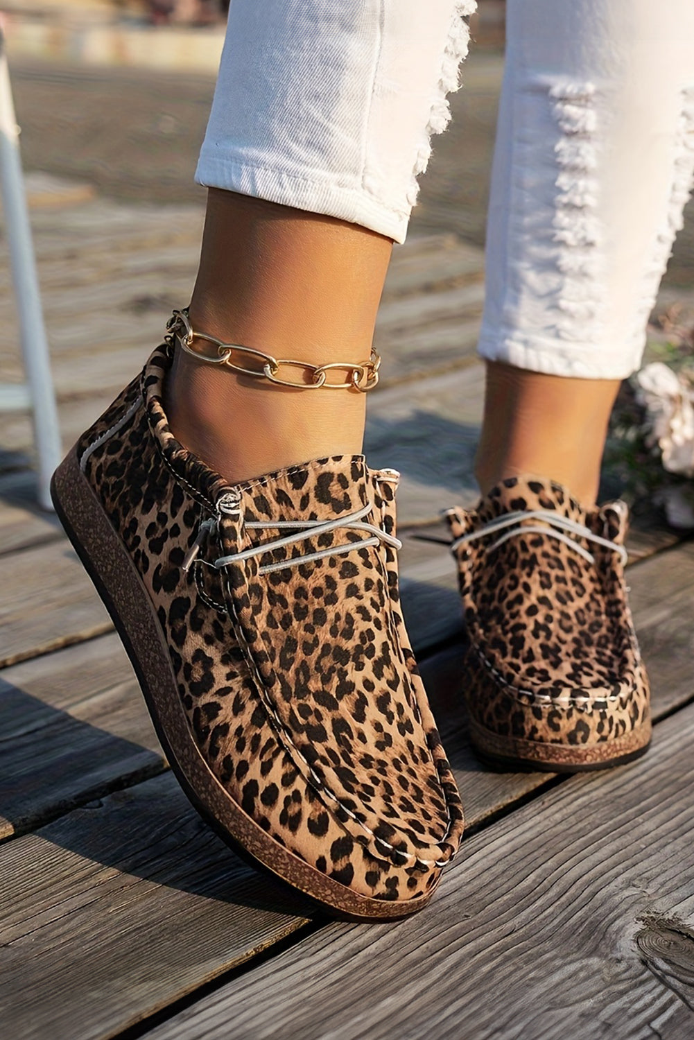 Leopard Faux Suede Lace-up Decor Slip On Shoes