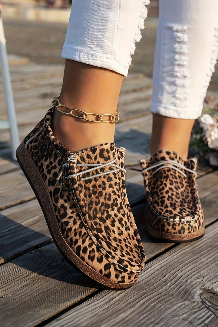 Leopard Faux Suede Lace-up Decor Slip On Shoes