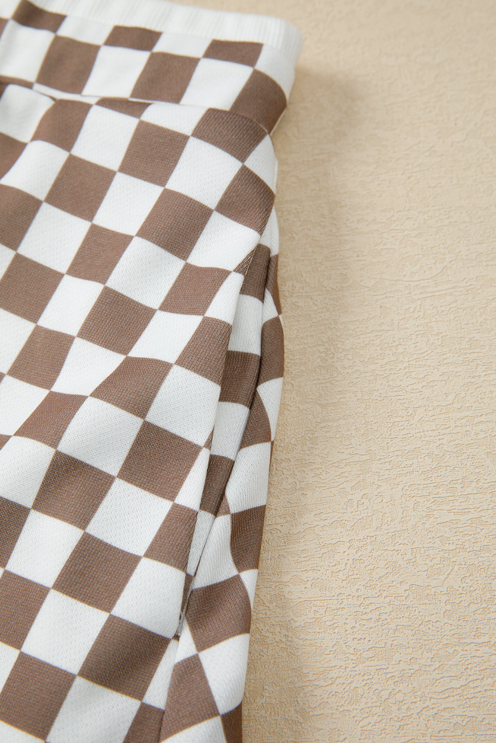 Khaki Checkered Print Polo Collar Cropped Top Drawstring Mini Skirt Set